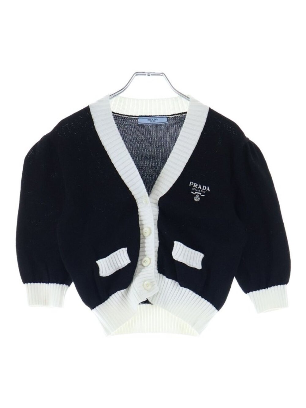 Prada Cropped Plain Knit Cardigan Cotton Black White